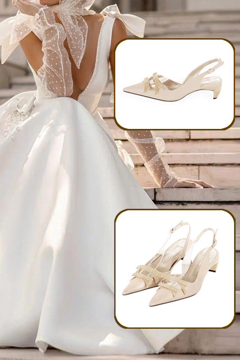 Women's champagne white elegant slingback heels, with a bow on the front. Pointed toe. Low comma heels - Top view